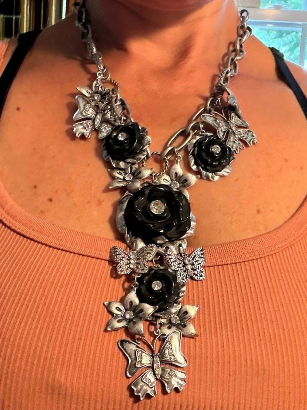 Floral Black Flower Statement Necklace